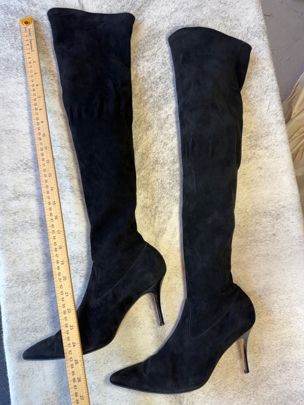 Manolo Blahnik boots black STRETCH suede tall *sz 39.5 Fits 8-8.5 Stiletto Y2Kโ